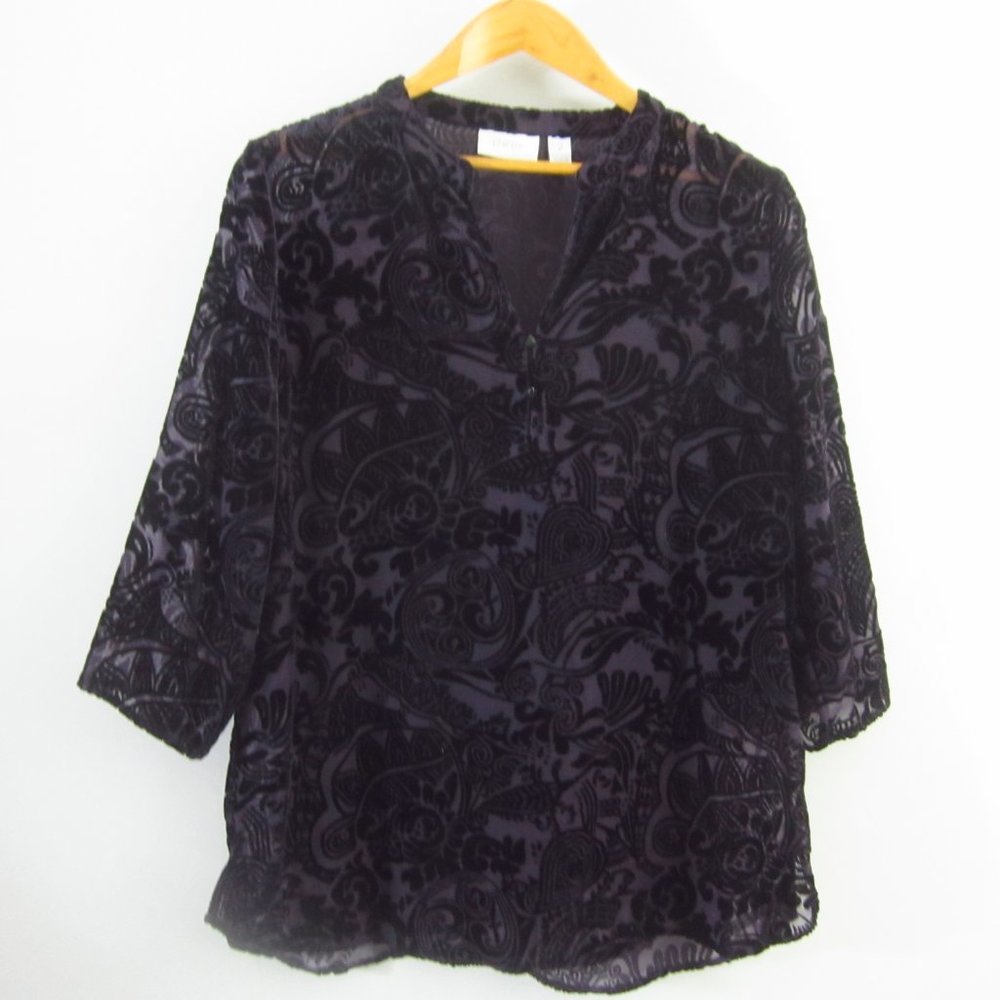 Chicos 2 Womens L Purple Semi Sheer Floral Velvet Button Shirt Top 3/4 Sleeves